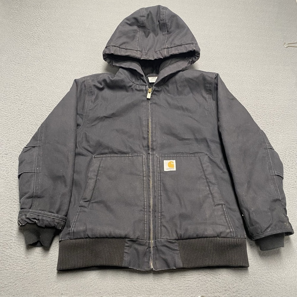 Carhartt Jacket Kids 10-12 Black Canvas Hooded Quilted Bomber Warm Winter Coat